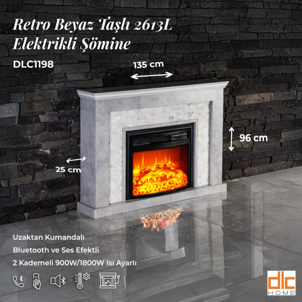 DLC Retro Beyaz Taşlı Ses Efektli Bluetooth'lu Elektrikli Şömine 2613l